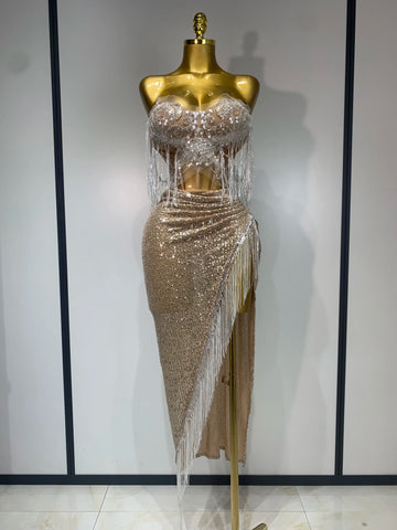 Women Sexy Singer Performan Costume Nightclub Girl Sparkly Sequin Tassel Two Piece Set 2025 Evening Party Luxury Birthday Outfit