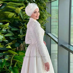 Elegantes vestidos de novia musulmanes con hijab, satén, cuentas, cuello alto, vestido de novia estilo Dubái, corte en A, manga larga, vestidos de novia cortos