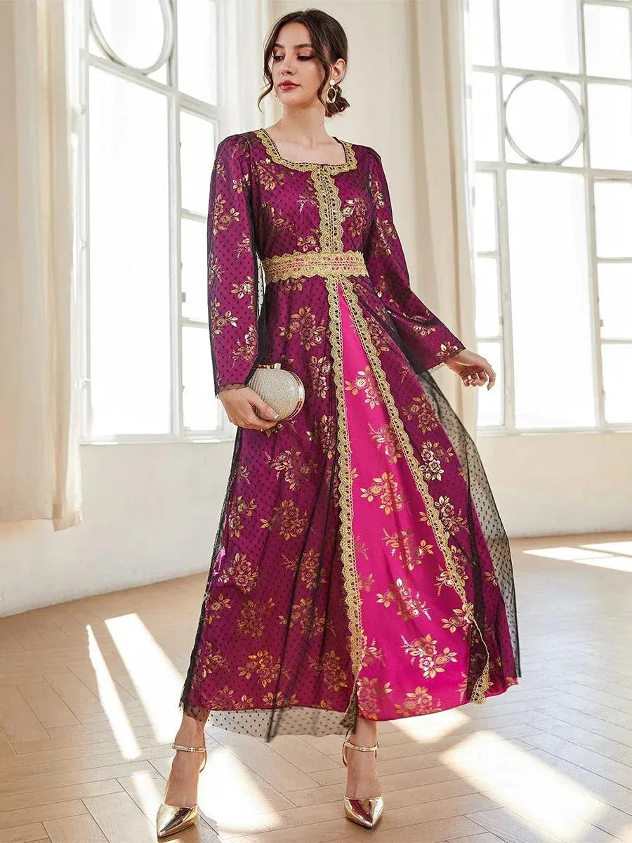 Saudi Fashion Evening Party Dress Black Mesh Long Sleeve Square Collar Elegant Outfits Floral Gold Stamping Caftan Yellow Dress