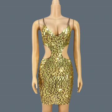 Sexy Backless Strap Deep V Mini Dress Gloden Sequins Evening Dress Birthday Party Queen Maxi Dress Club Chic Dress Huangjinban