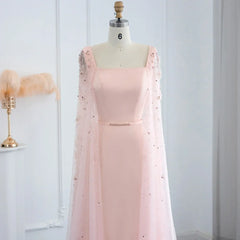 Luxury Pink 3D Flowers Dubai Evening Dress with Cape Sleeve Arabic Elegant Women Formal Gown for Wedding Party