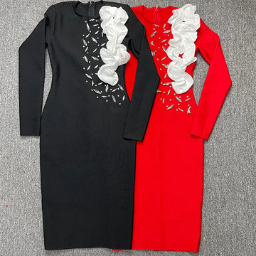 2024 Elegant Women's Light Luxury Patchwork Bandage Dress O-neck Long Sleeve Bodycon and Knee Dress Christmas Eve Party Vestidos