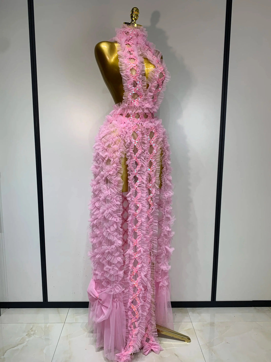 Mesh Sequins Sexy Backless Halter See Through Dress  Birthday Evening Party Prom Nightclub Singer Stage Performance Costume