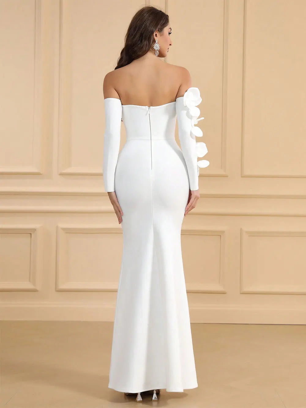 2025 Spring Sexy Women's 3D Flower Bandage Dress with One Collar Long Sleeve Bodycon Bareback Long Split Dresses Party Vestidos