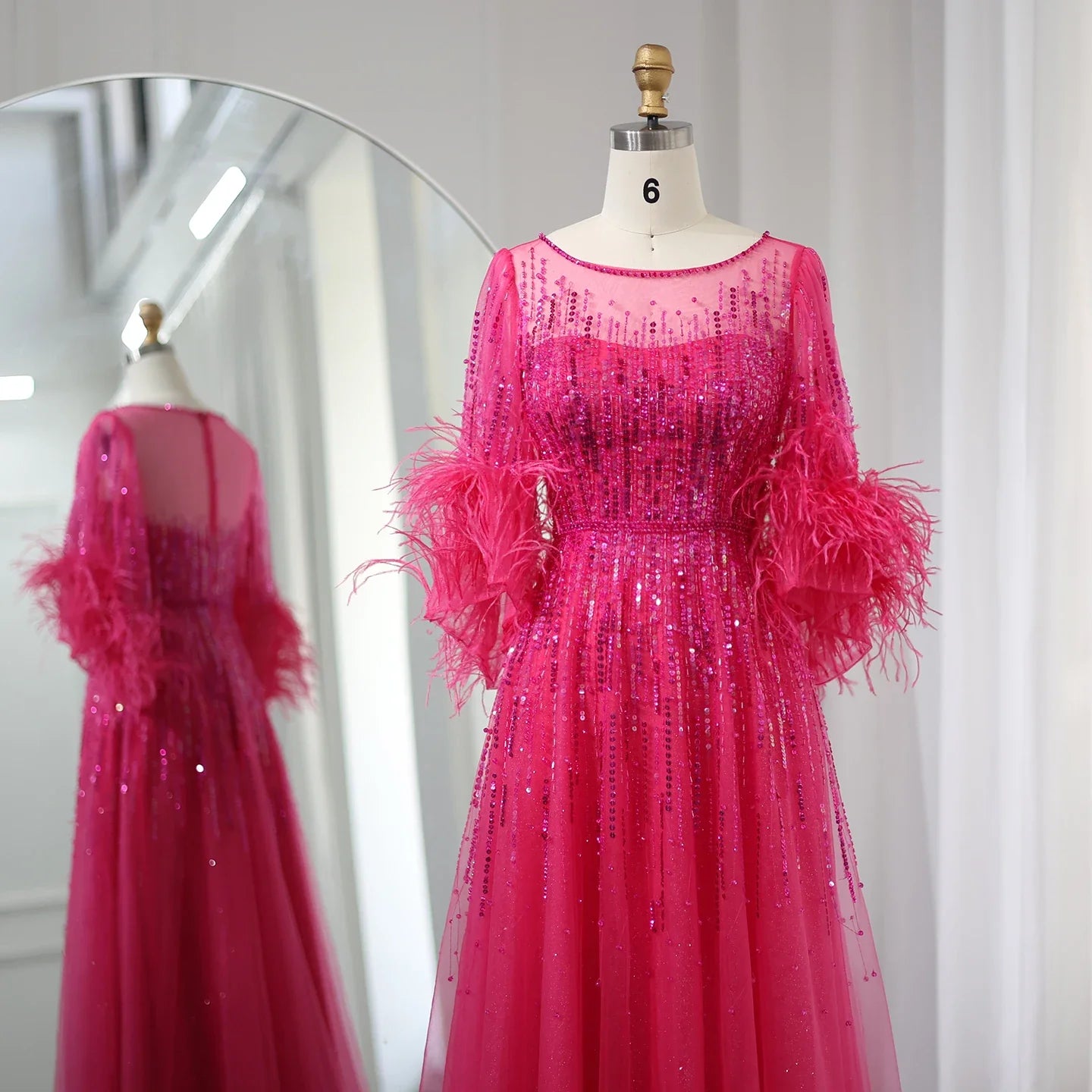 Vestidos de noche de lujo con plumas negras de Dubái para mujer, elegante vestido de fiesta de boda árabe fucsia de media manga 