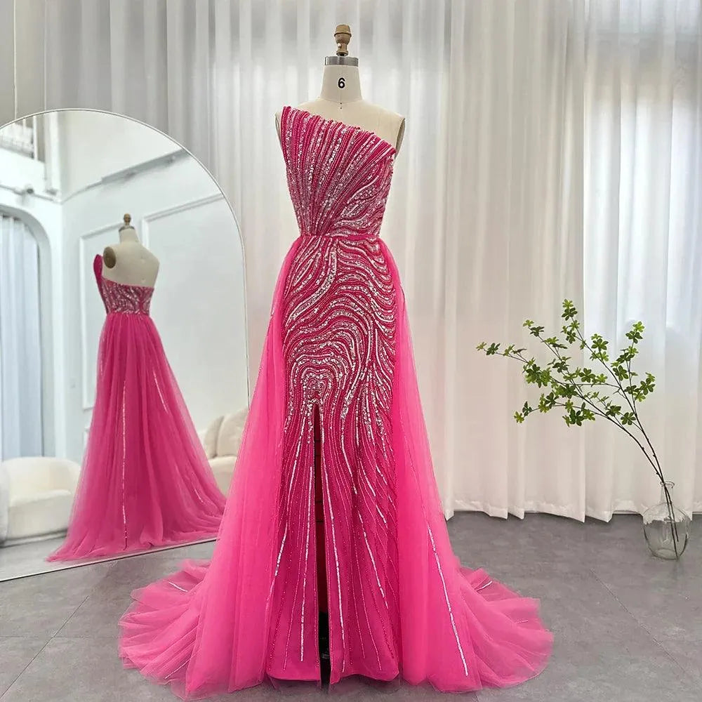 Luxury Dubai Fuchsia Evening Dress with Overskirt Scalloped High Slit Arabic Women Wedding Party Gowns Evening Dress
