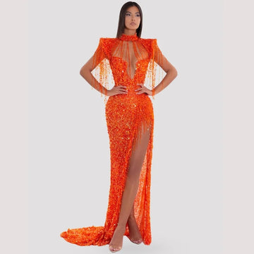 Robe longue fendue au sol pour femme avec sequins orange, perles, pompon, découpe ajourée, tenue pour anniversaire, robe de scène pour performance