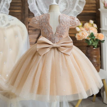 Toddler Girls 1st Birthday Party Dresses Cute Bow Kids Princess Lace Tulle Short Dress Flower Girls Dresses for Wedding 1-5 Year