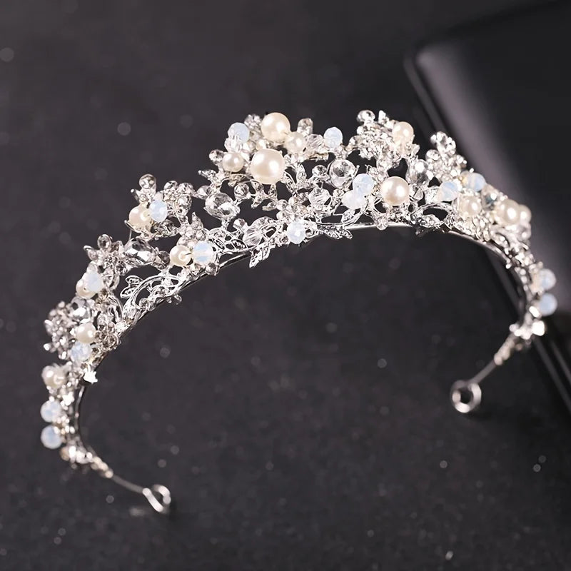 Silver Color Crystal Pearl Tiaras And Crowns Headband Rhinestone Hairband Bride Hair Accessories Women Wedding Hair Jewelry