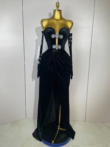 2025 Sparkly Rhinestones Mesh Sexy Split Velvet Gloves Long Dress Women Birthday Celebrate Wedding Gown Stage Photo Shoot Wear