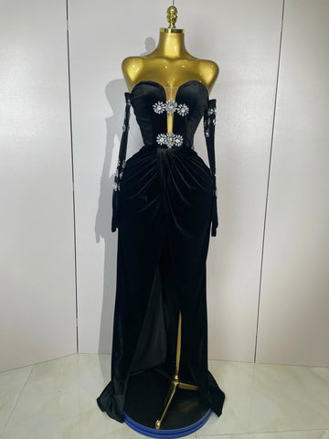 Sparkly Rhinestones Mesh Sexy Split Velvet Gloves Long Dress Women Birthday Celebrate Wedding Gown Stage Photo Shoot Wear