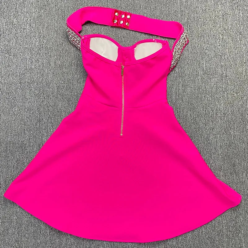 Women Sexy Halter Shinning Diamond Backless Bandage A-Line Mini Dress Evening Party Birthday Vacation Dress
