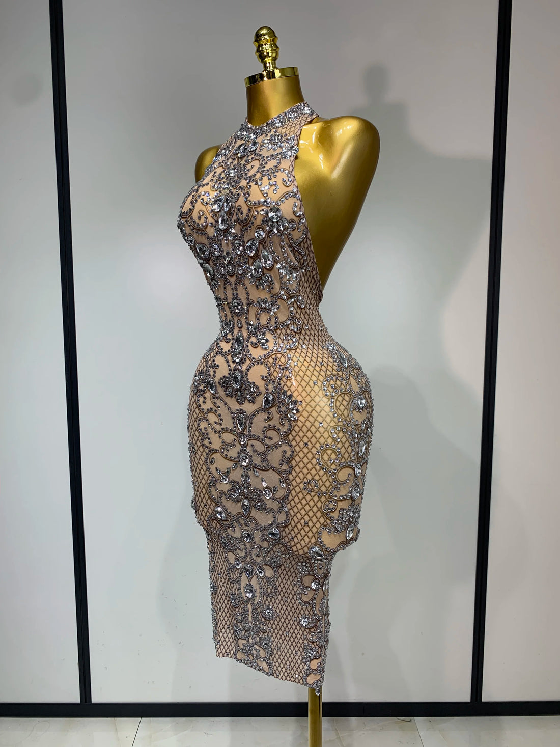 Women Sexy Backless Mesh Crystal Diamonds Performance Costume Stage Dancer See Through Stretchy Nightclub Evenig Party Dresses