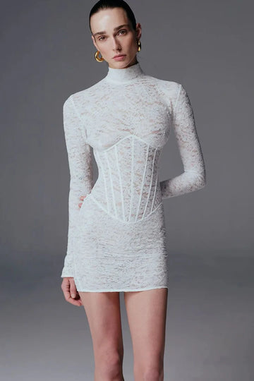 2025 New Spring Women Long Sleeve Sexy Lace Bodycon Mini Dress Elegant Evening Party Runway Fashion Birthday Cocktail Outfit