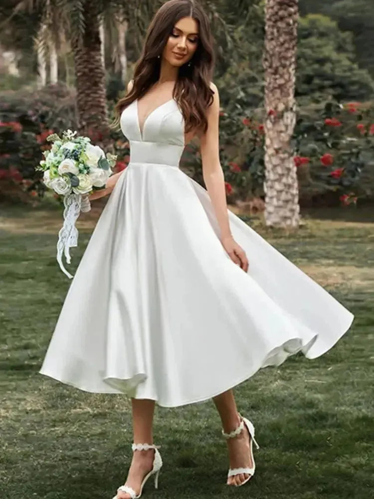 Simple Short Wedding Dress For Women New Civil A Line V Neck Spaghetti Straps Bridal Gown Tea-Length Robe De Mariee Ivory Short Wedding Dress