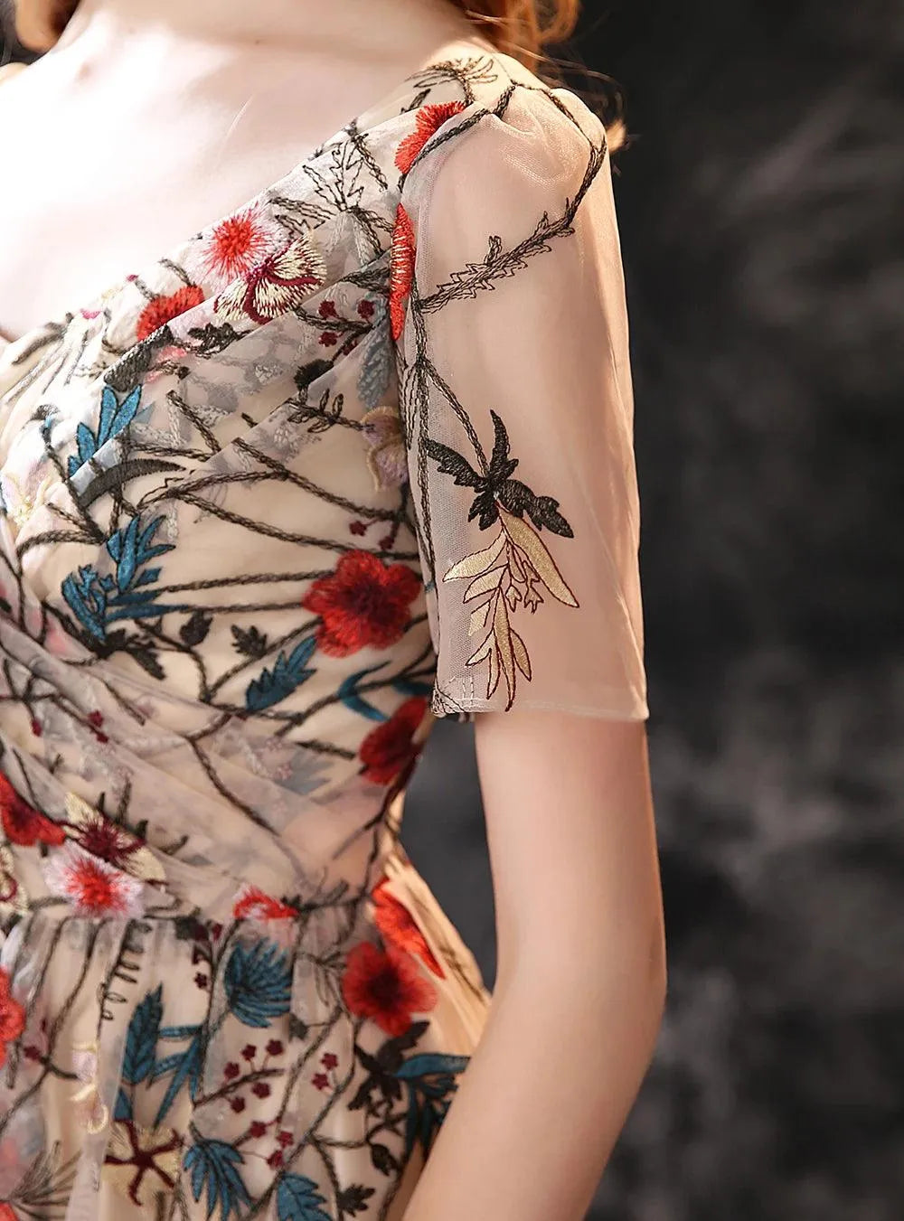 Customized Floral Fancy Tea Length Evening Dresses with Short Sleeves Sexy V Neck Embroidery Flower Prom Gown