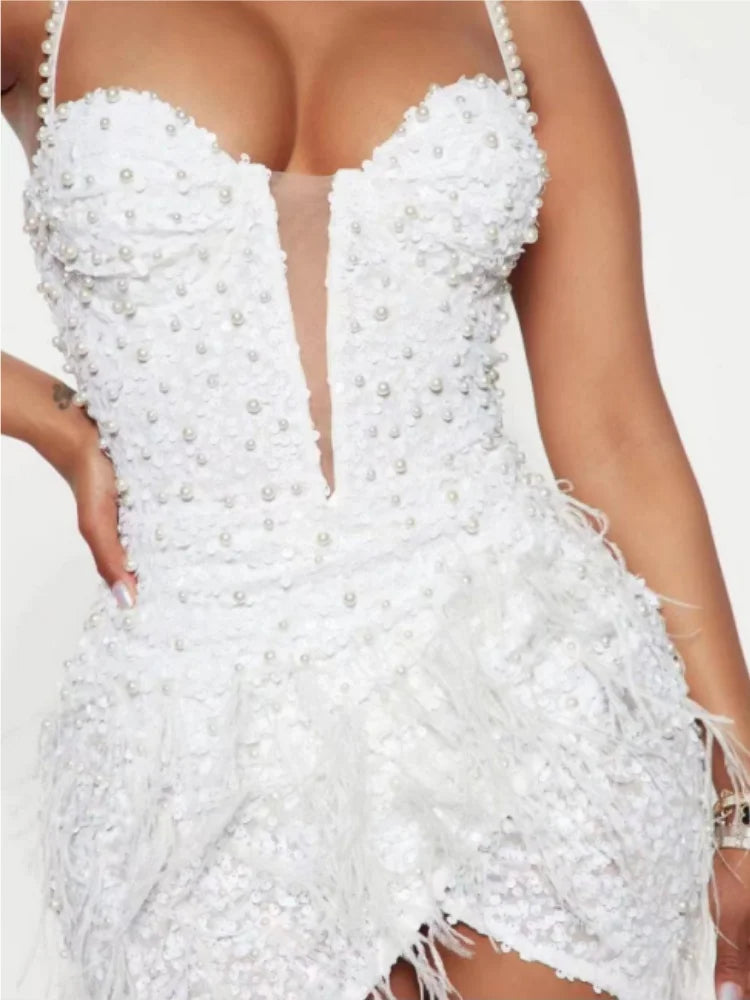White Women Sleeveless Sexy V-Neck Pearl Beading Feathers Bodycon Mini Dress Celebrate Fashion Birthday Evening Party Dress