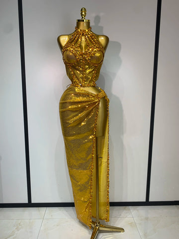Women Sparkly Gold Rhinestones Top Long Skirt Two Pieces Set Singer Dancer Performance Costume Nightclub Luxury Birthday Dress