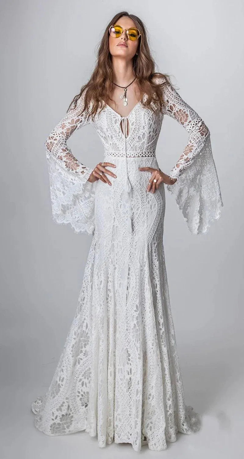 Vestido De Noiva Gypsy Beach Boho Wedding Dresses V Neck Bell Sleeve Backless Hollow Out Lace Bridal Gown свадебное платье Boho