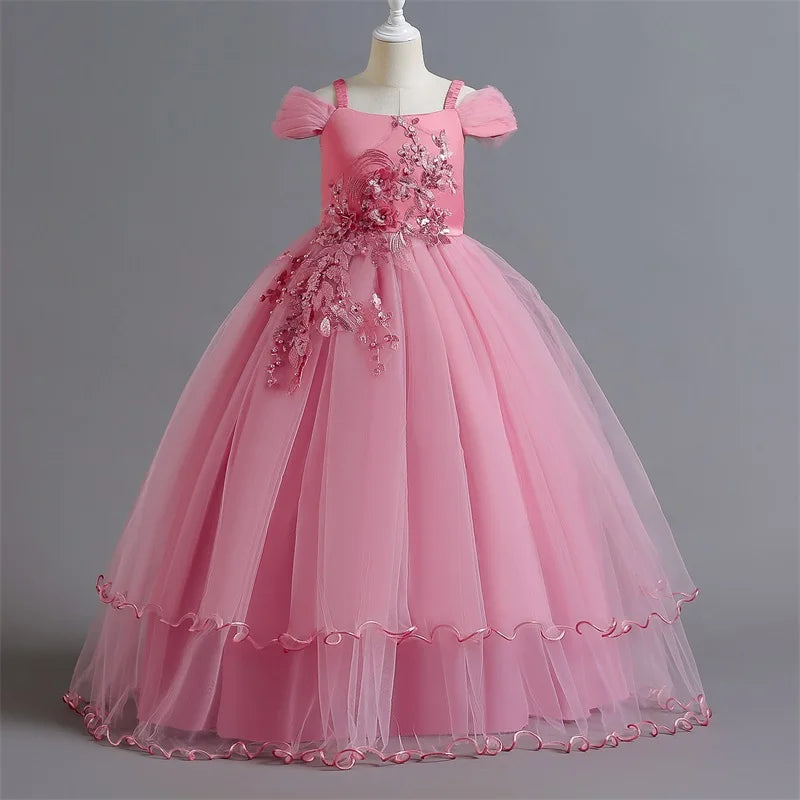 Kinderkleid für Hochzeit, Abschlussball, formelle Anlässe, Abendkleid, Hosenträger, schulterfrei, Blume, elegantes Partykleid für Teenager-Mädchen, langes Kleid für 12 bis 14 Jahre 