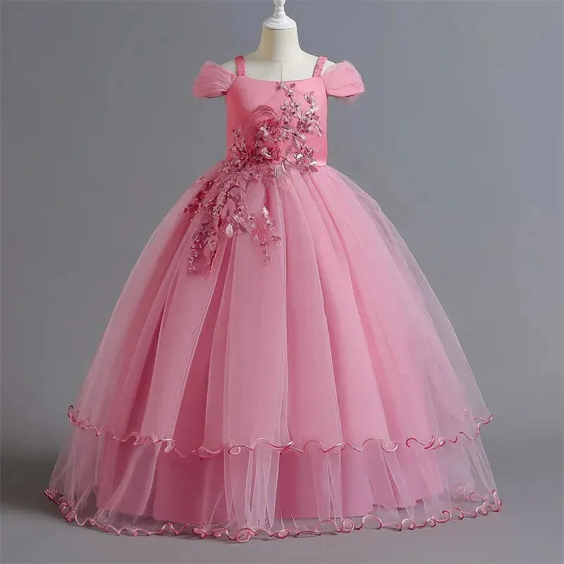 Kids Wedding Prom Formal Occasion Evening Dress Suspender Shoulderless Flower Elegant Teen Girl Party Long Dress for 12 to 14 Y