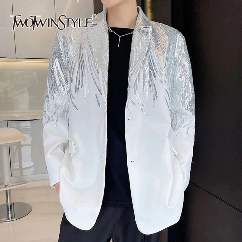 Solid Spliced Sequins Elegant Jackets for Women Lapel Long Sleeves Patchwork Single Breasted Jacket Female Fashion