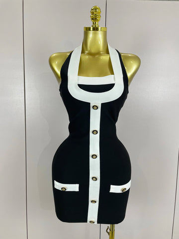 Sexy Backless Halter Button Bodycon Black Mini Bandage Dress  Women Celebrity Elegant Evening Club Party Outfit