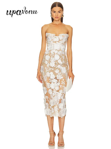 2025 Sexy Women's Wear Heavy Industry Sequin Sheer Dress Strapless Sleeveless Bodycon Midi Dress Cocktail Evening Party Vestidos