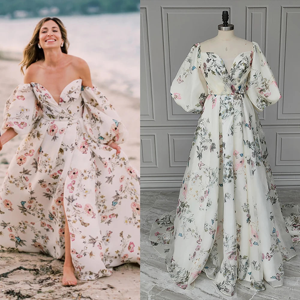 Stampa floreale Abito da sposa a manica da sposa a manica da sposa a manica da sposa ad alta divisione arruffato elegante abito da sposa da spina da fiaba elegante