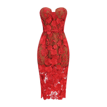 Red White Color Women Sexy Strapless Embroidery Bodycon Midi Dress Celebrate Nightclub Party Evening Birthday Dress Wholesale