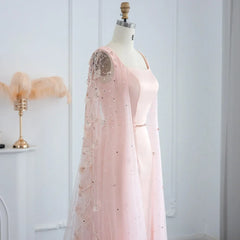 Luxury Pink 3D Flowers Dubai Evening Dress with Cape Sleeve Arabic Elegant Women Formal Gown for Wedding Party