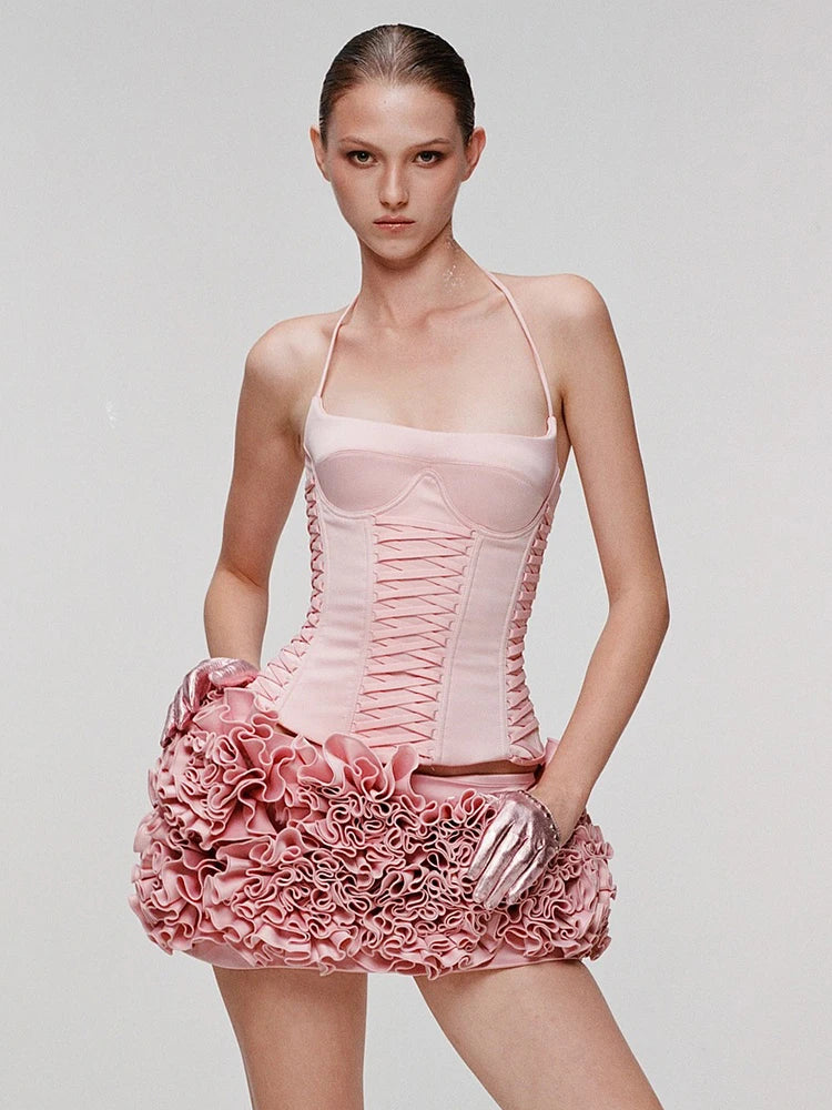 VC Dreamy Adorable Pastel Pink Two-Piece Set Dress Halter Corset Top and Ruffled Mini Skirt for Trendy Occasions Evening Gown