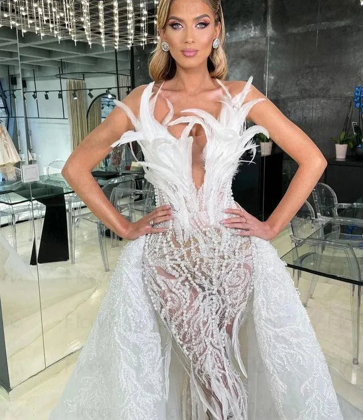 Floria Ivory Feather Mermaid Wedding Dresses Luxury For Women Detachable Train Bridal Gowns Formal Prom Gowns for Wedding Mermaid