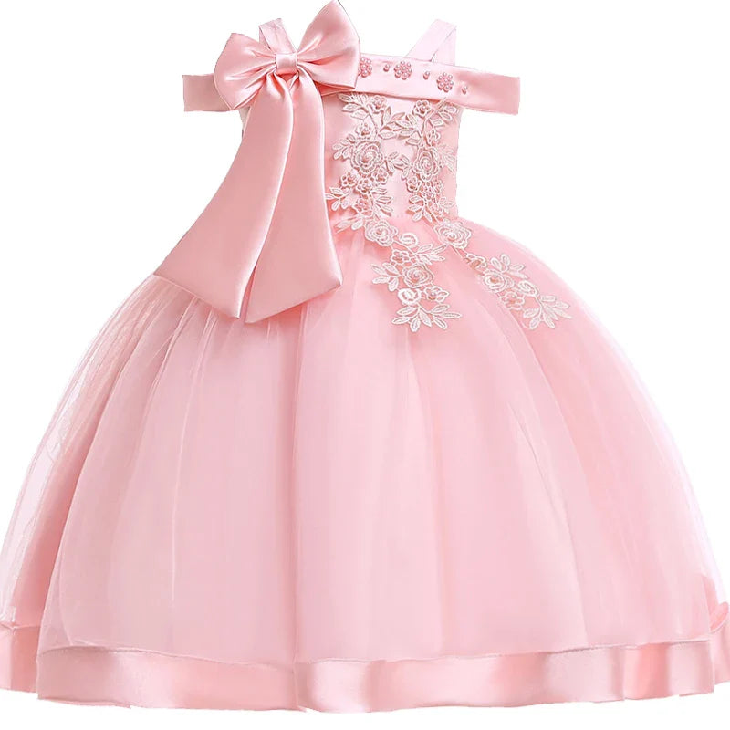 3-10 Years Kids Christmas Party Dresses For Girls Appliques Flower Elegant Wedding Dress With Bow Children Birthday Prom Gown