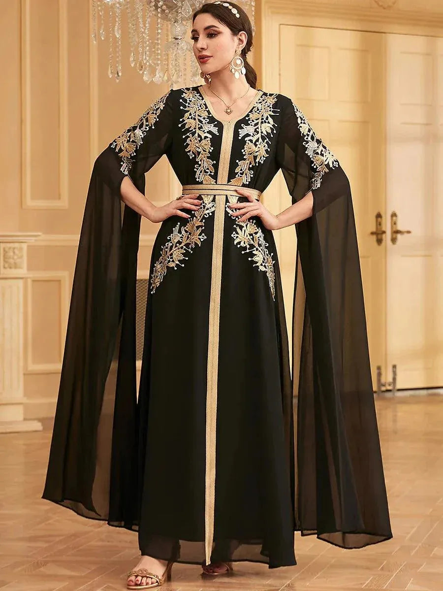 Dubai Fashion Elegant Super Long Sleeve Black Long Dresses Sequins Appliques Belted Party Abayas Arab Saudi Women Robe Black Dress