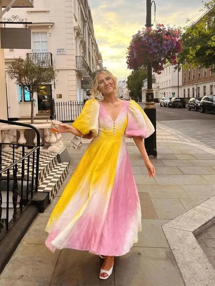 Rainbow Backless Evening Dress Women Hollow Out V-neck Short Puff Sleeve A-line Dresses Female High Waist Winter Lady Robe