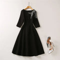Solid Slimming Elegant Dresses for Women Slash Neck Half Sleeves Patchwork Bead Temperament Dress Female Clothing BLACK