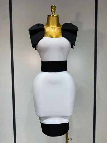 Women Sexy Bow Tie Black White Patchwork Bodycon Bandage Dress 2025 Celebrity  Elegant Evening Club Party Birthday Dresses