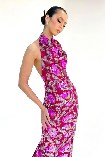 Women Sexy Halter Off the Shoulder Shinning Sequins Embroidery Bodycon Mid-calf Dress Elegant Evening Party Dress