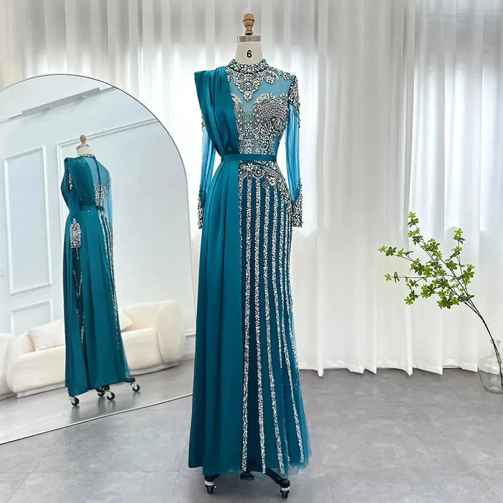 Luxury Crystal Dubai Muslim Evening Dress with Overskirt Gray Arabic Formal Dresses for Women Wedding Party Evening Dress