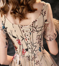 Customized Floral Fancy Tea Length Evening Dresses with Short Sleeves Sexy V Neck Embroidery Flower Prom Gown