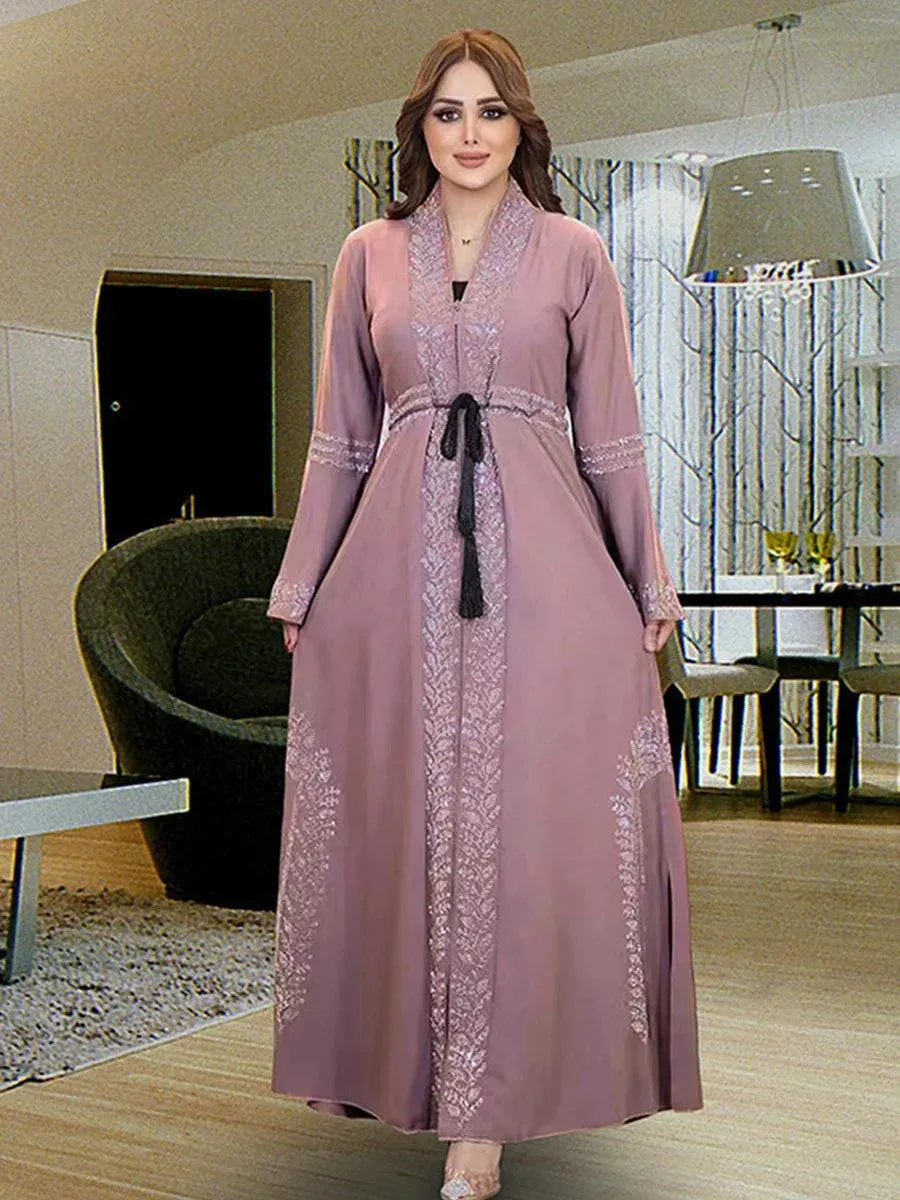 Muslim Ramadan Eid Arab Ethnic Modest Plus Size Zippers Diamonds Women Abaya With Sashes Moroccan Bangladesh Outfits Red Robe