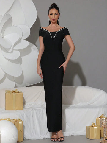 2025 New Sexy Off Shoulder Diamond Tight Bandage Maxi Long Dress Women's Short Sleeve Elegant Celebrity Evening Party Gowns