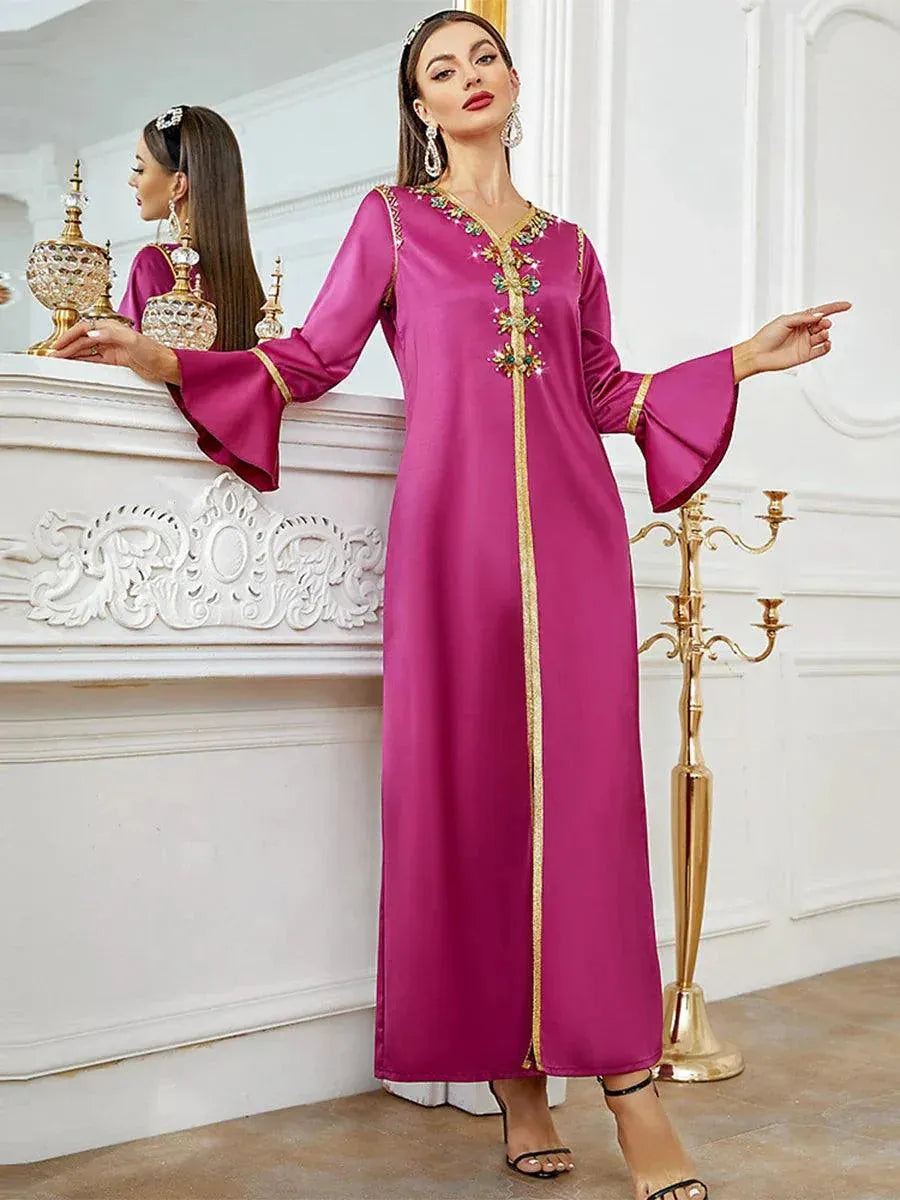 Moroccan Fashion Ethnic Diamonds Tape Trim V-Neck Ruffles Sleeve Belted Clothing Muslim Elegant Women Evening Dress