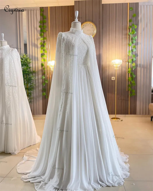 Luxury Long Sleeves Arabic Muslim A-Line Wedding Gowns Beading Chiffon Bride Dress with Cape Vestidos De Novia