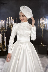 Vestido de novia islámico de satén de lujo, vestido de novia musulmán de marfil para novia, mangas largas, apliques de cuentas, vestidos de novia