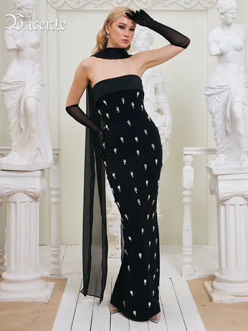 VC Vintage Elegant Black Strapless Sleeveless Crystal Dress for Galas Party Evening Gown