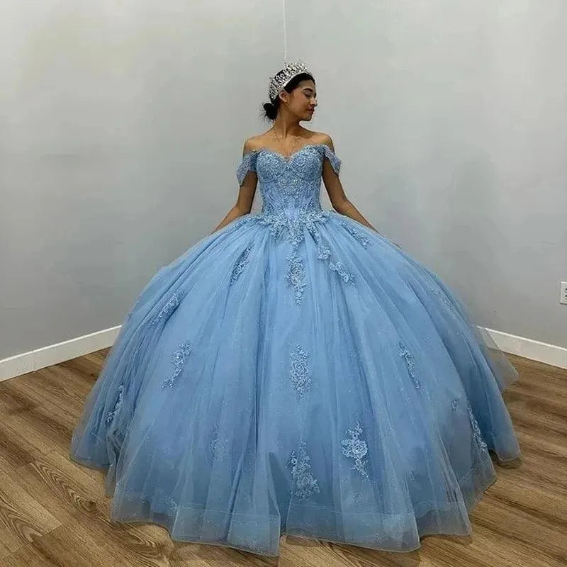 Quince Dress | Luxury Glittering Blue Quinceanera Dresses Beading Appliques Ball Gown Vestidos De 15 Anos Formal Prom Party picture blue