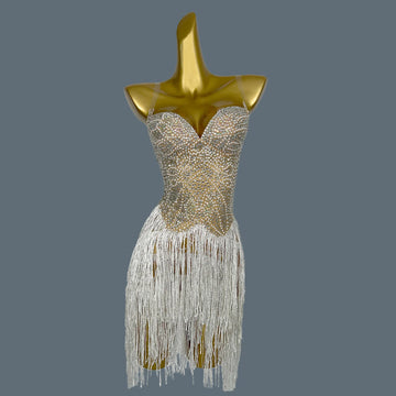 Pearls Rhinestone Strapless Tassel Mini Dress for Sexy Women Club Singer Show Dance Wear Birthday Party Carnival Dress Qiaqia