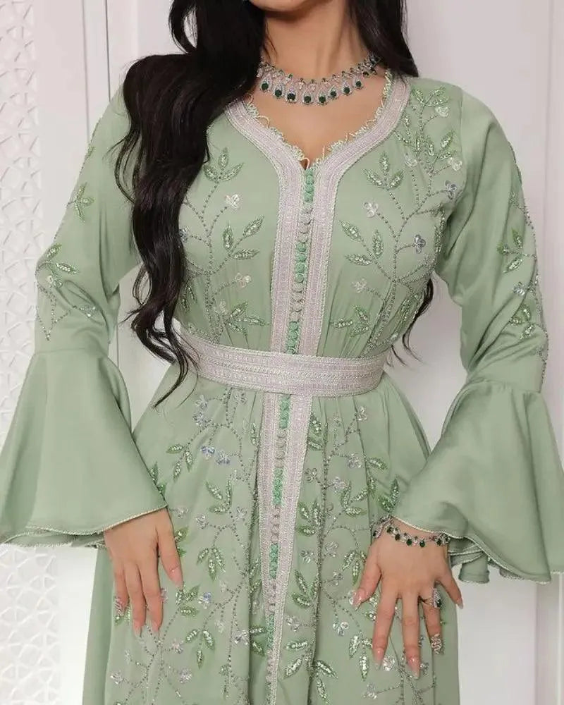 Summer Women's Maxi Long Dress Embroidered Nail Beads Drilling Kaftan Gown Green Abaya Dubai Luxury Robe Femme Musulmane